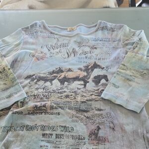 Cactus Kids Long Sleeve Tee in Faded Blue-Green with Brown Horse Print